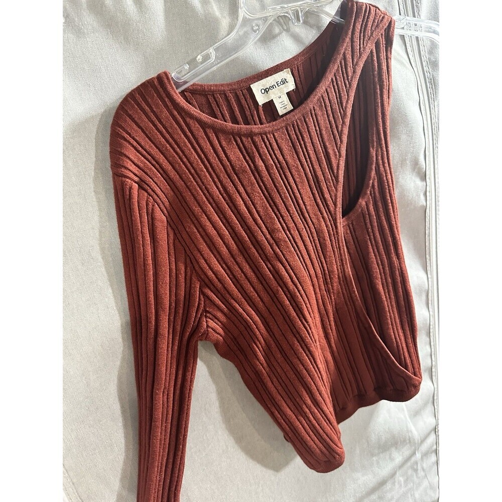 Open Edit Cut Out One Shoulder Orange Cropped LS Top Size M Split Hem Sweater - Picture 4 of 8